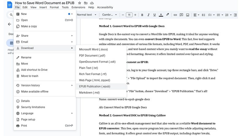 Convert Word to EPUB Google Docs