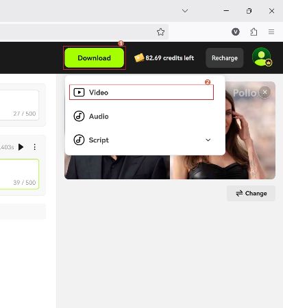 download the video created using pollo ai with voiceover from blipcut ai voiceover