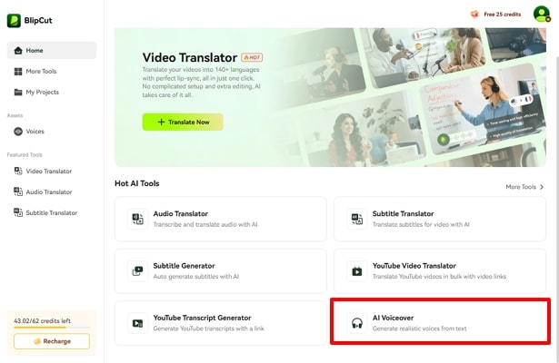 create voiceover in blipcut