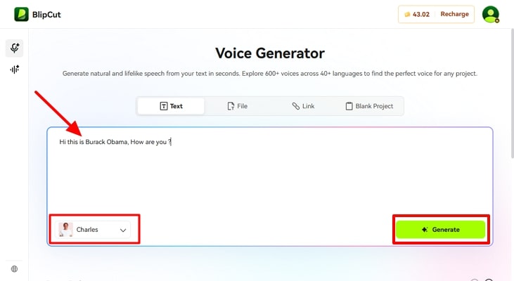 hit generate button to create voiceover
