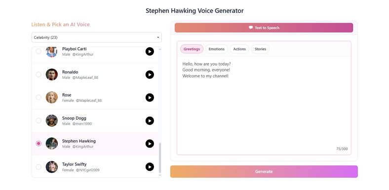 generate stephen voice ai voice lab