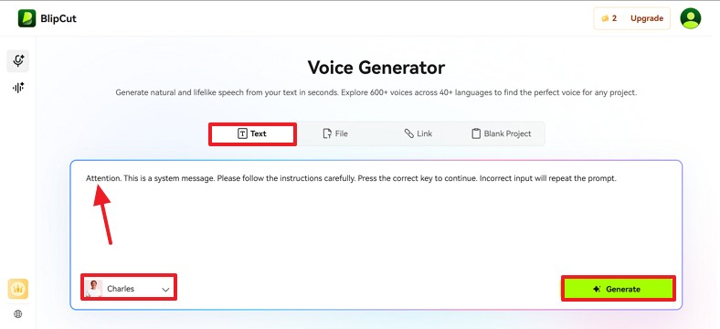 enter script to generate audio blipcut