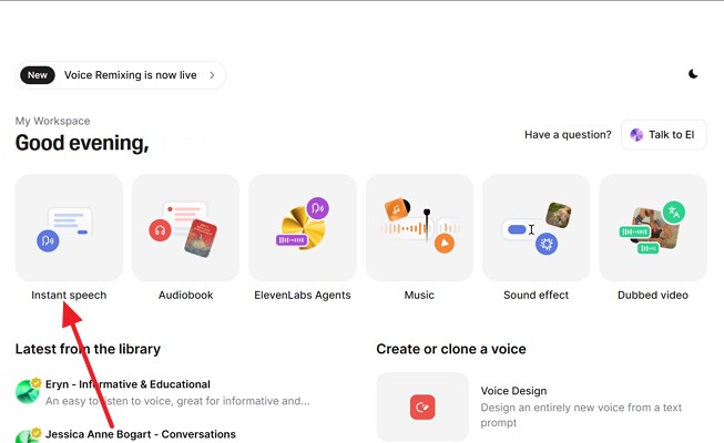 select instant speech option elevenlabs