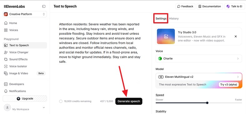 generate speech on elevenlabs