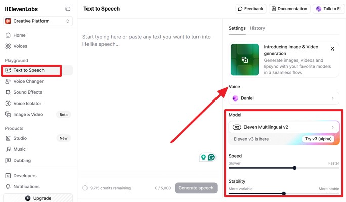 paste text and choose voice