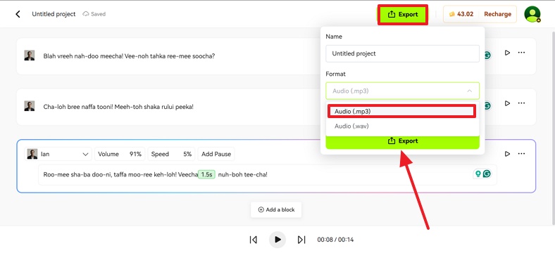click export to save audio