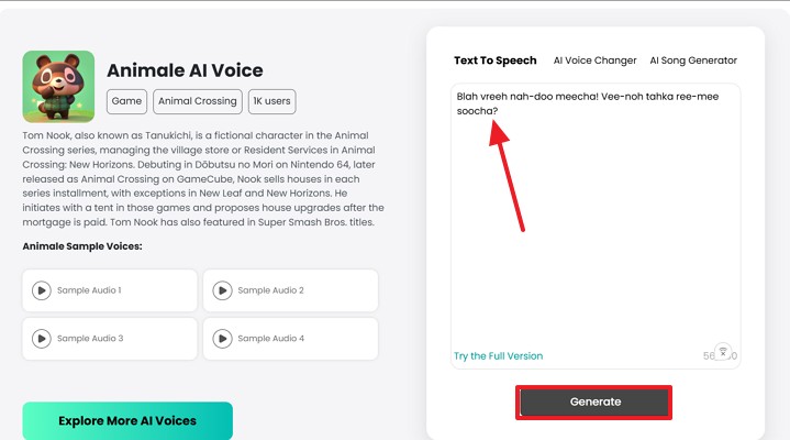 select generate to make audio