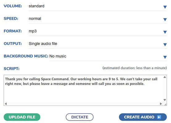 generate audio greeting with narakeet