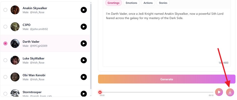click download button on darth vader