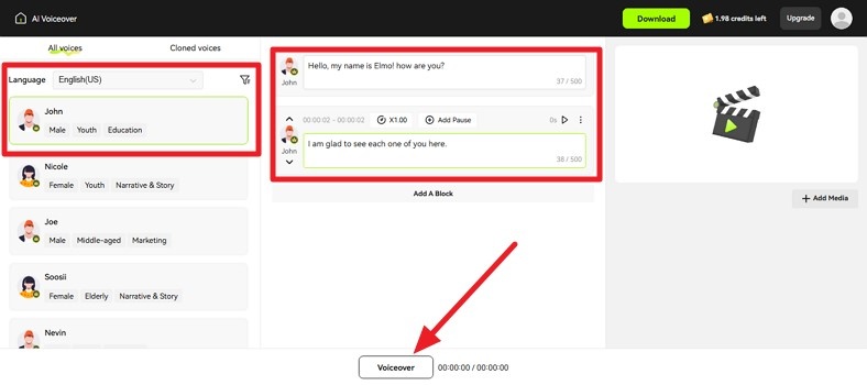choose language generate voiceover