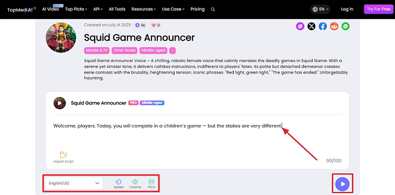 generate squid game announcer voice topmediai