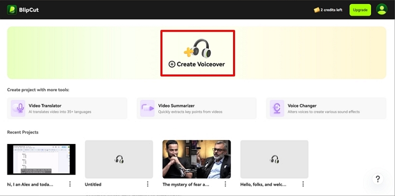 select create voiceover blipcut interface