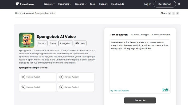 FineShare SpongeBob AI Voice Generator