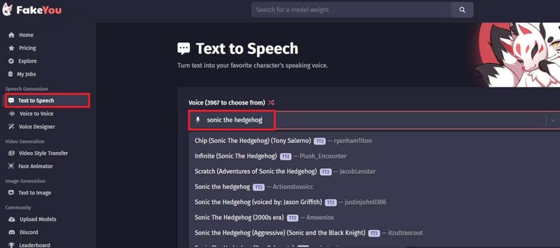 sonic ai voice fakeyou